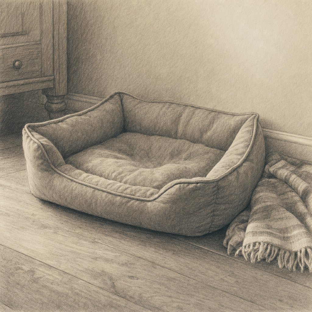 空の犬用ベッド（鉛筆画）