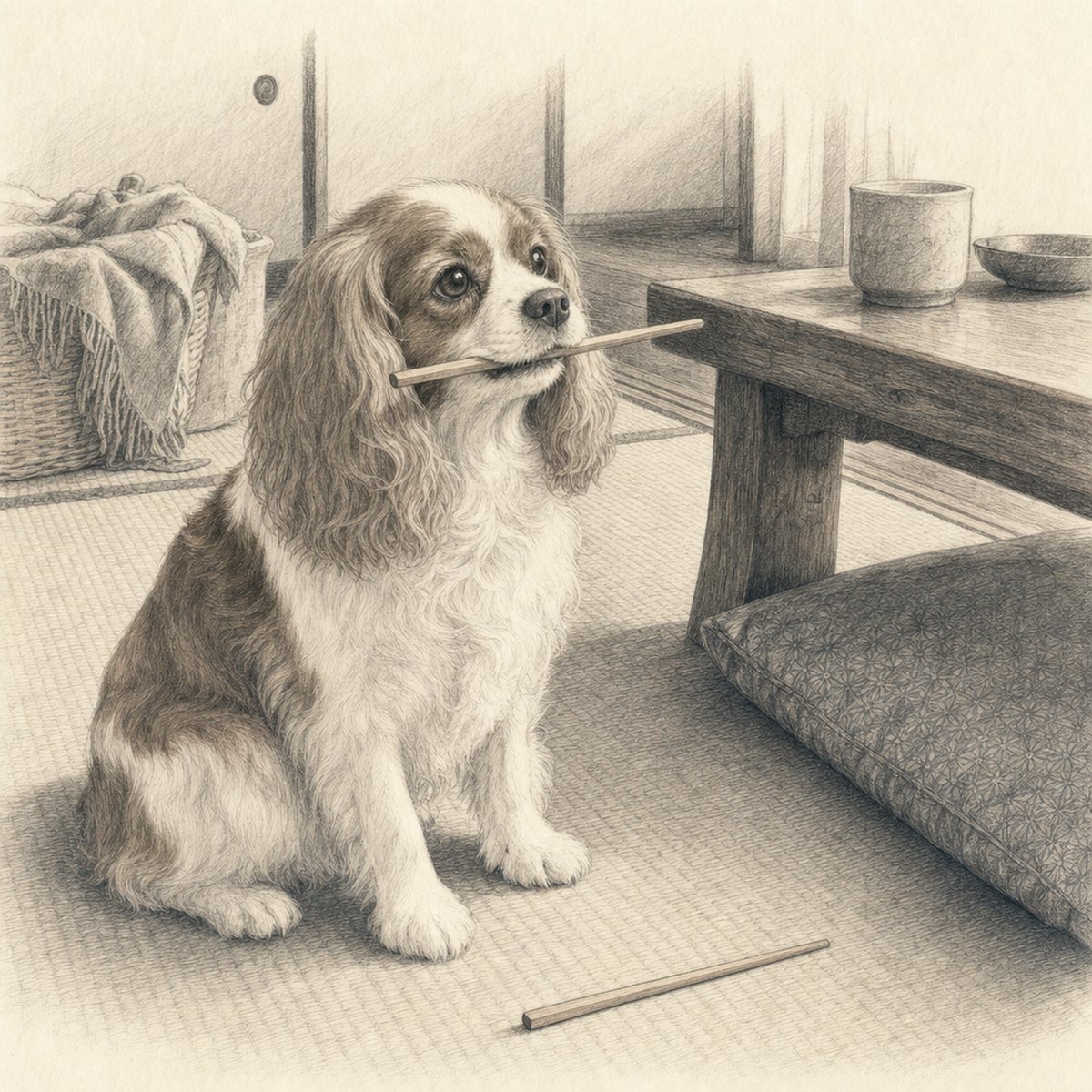 箸をくわえたキャバリア・キング・チャールズ・スパニエル（鉛筆画）