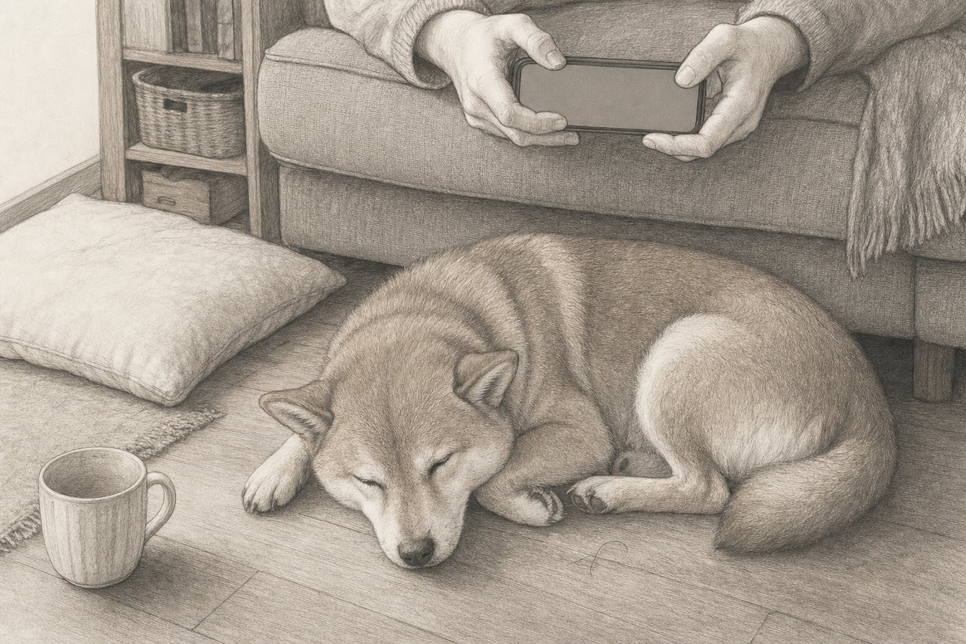 スマホの写真をスクロールする手元と、足元で寝ている犬（鉛筆画）
