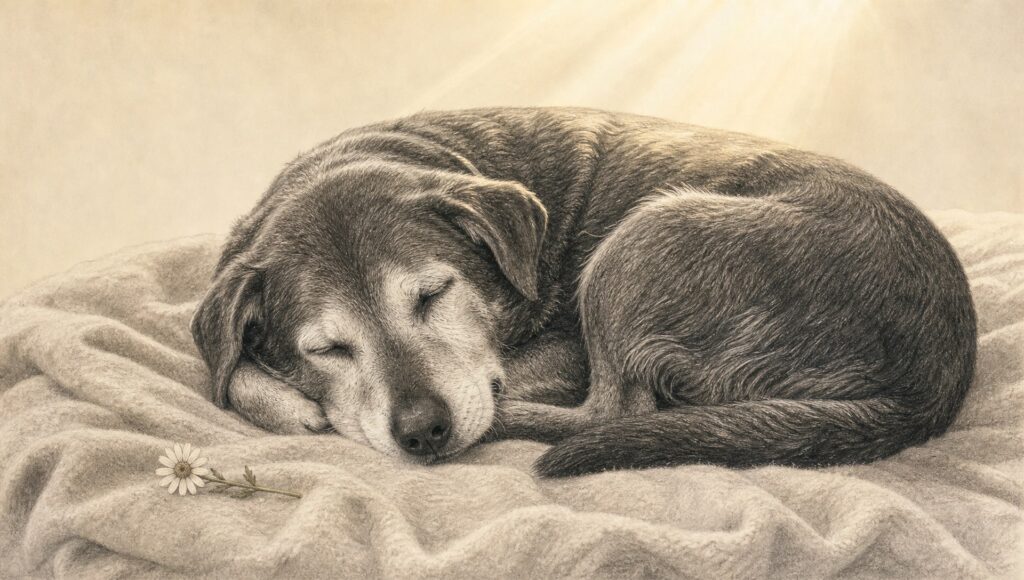 柔らかな日差しのなか、毛布の上で安らかに眠る老犬と小さな白い花