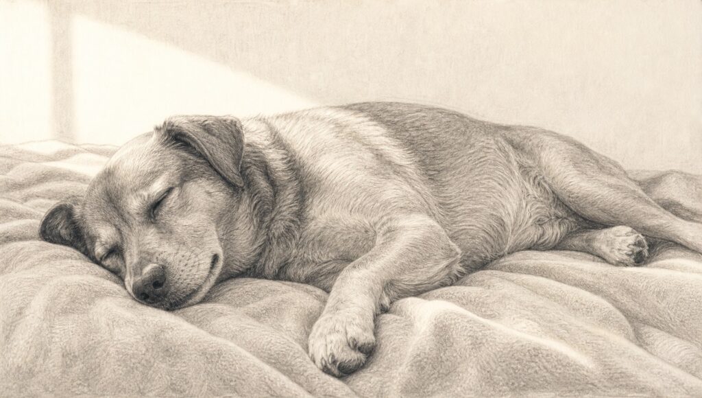 やわらかな朝の光のなか、毛布の上で安らかに眠る犬