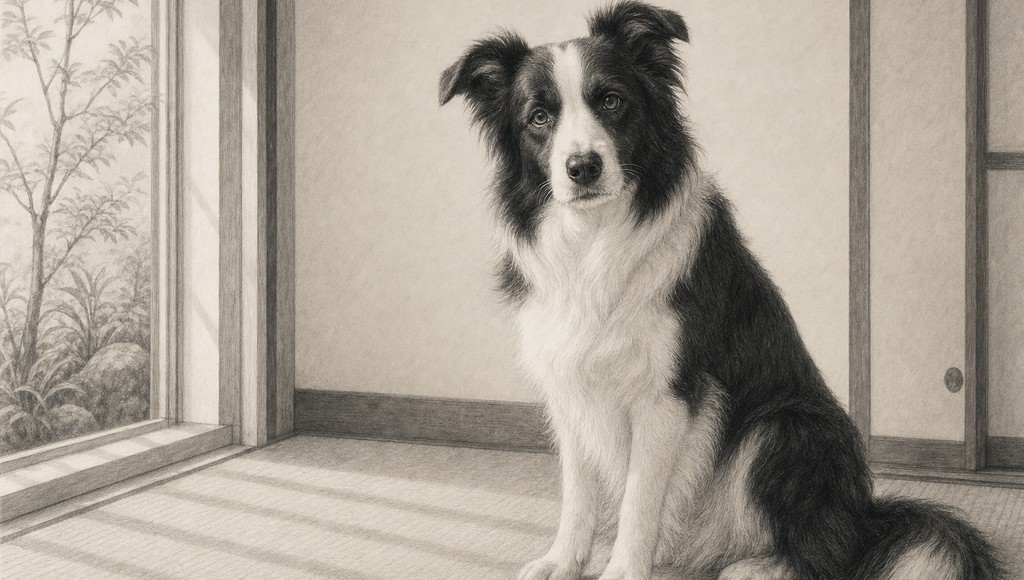鉛筆画調のシニア犬イラスト（ボーダーコリーの平均寿命は？シニア期の関節ケアと、運動量の調整でできることのアイキャッチ）