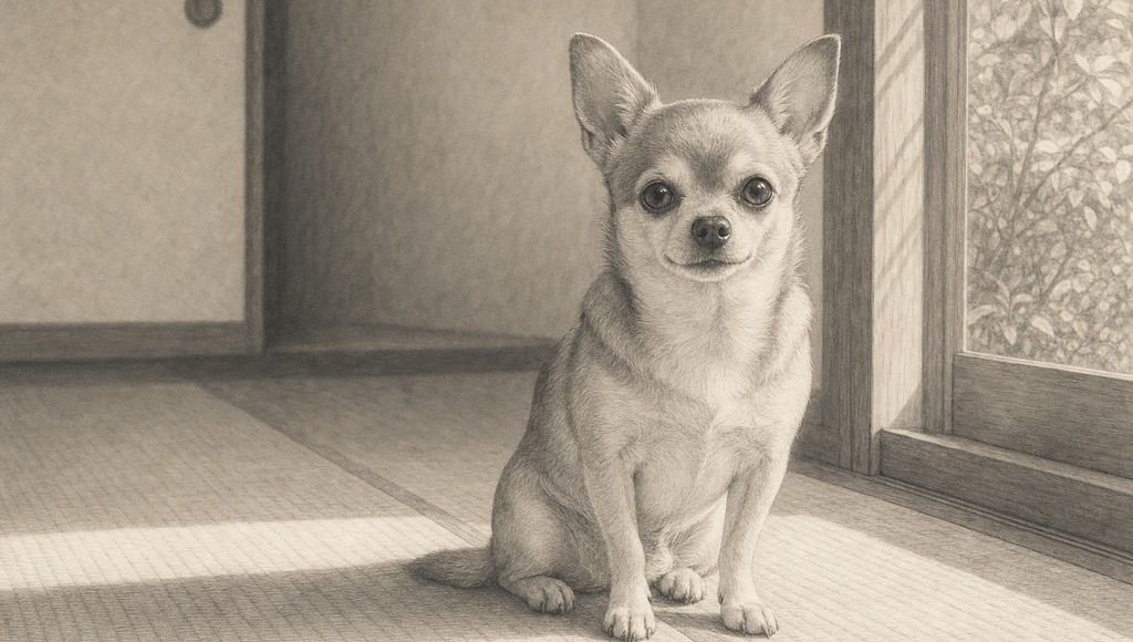 鉛筆画調のシニア犬イラスト（チワワの平均寿命は？シニア期の変化と、小さな体を毎日見守るためにできることのアイキャッチ）