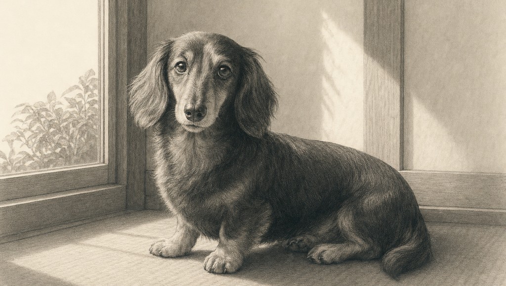 鉛筆画調のシニア犬イラスト（ミニチュアダックスフンドの平均寿命は？椎間板ヘルニアに気をつけて、胴長の腰を守るのアイキャッチ）