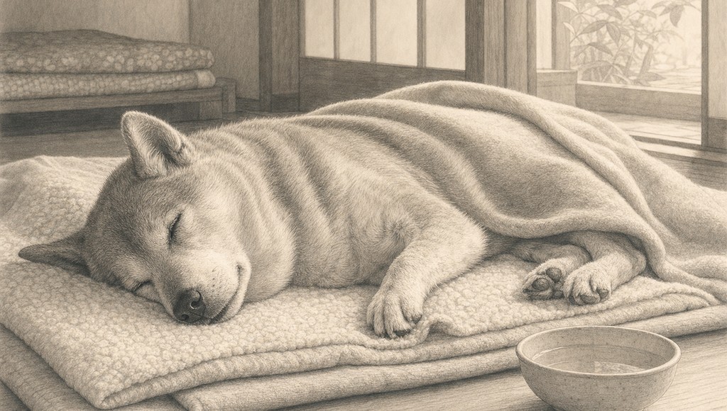 鉛筆画調のシニア犬イラスト（犬が亡くなった直後の48時間｜してあげられること、急がなくていいことのアイキャッチ）