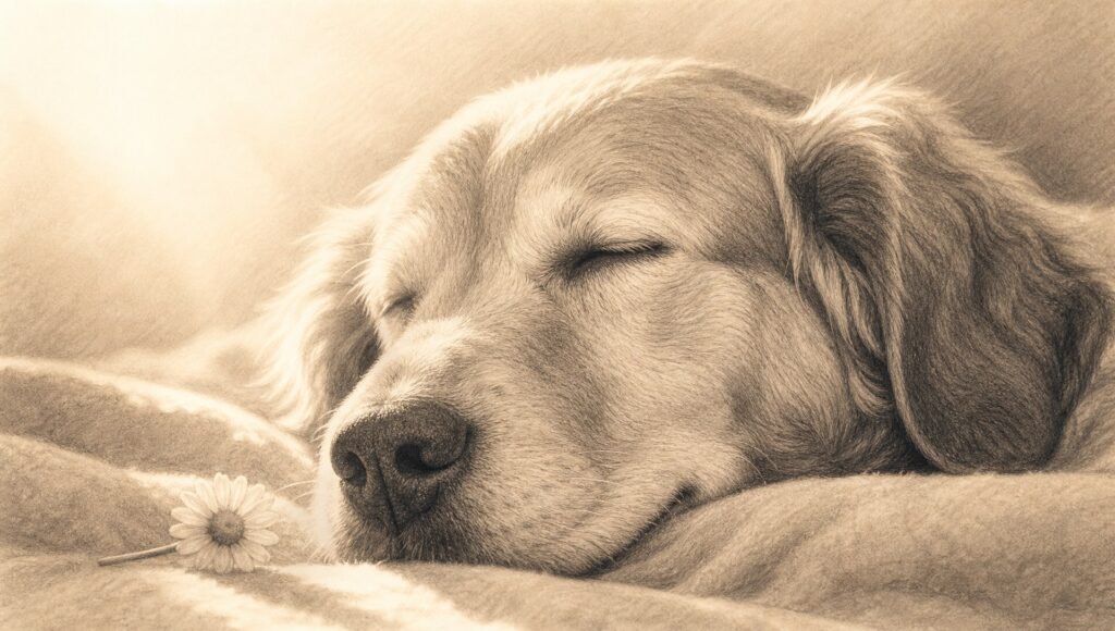 やわらかな日差しのなか、毛布に頬を寄せて穏やかに眠る犬と小さな白い花