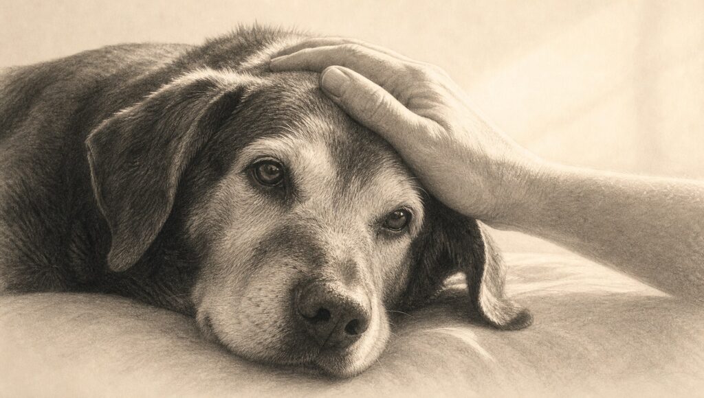 柔らかな日差しのなか、白いマズルの老犬が穏やかに目を開け、家族の手がそっと頭に添えられている