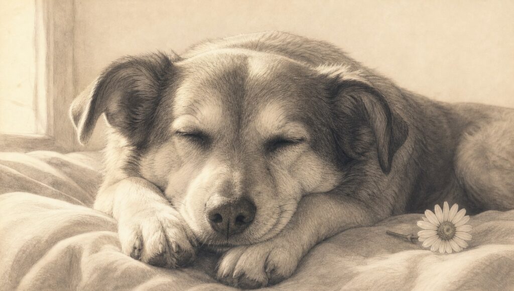 柔らかな日差しのなか、毛布の上で前足に顔を乗せて穏やかに眠る犬と小さな白い花