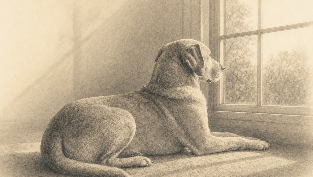 鉛筆画調のシニア犬イラスト（亡くなった犬の夢｜あの子が夢に出てきた時に感じてほしいことのアイキャッチ）