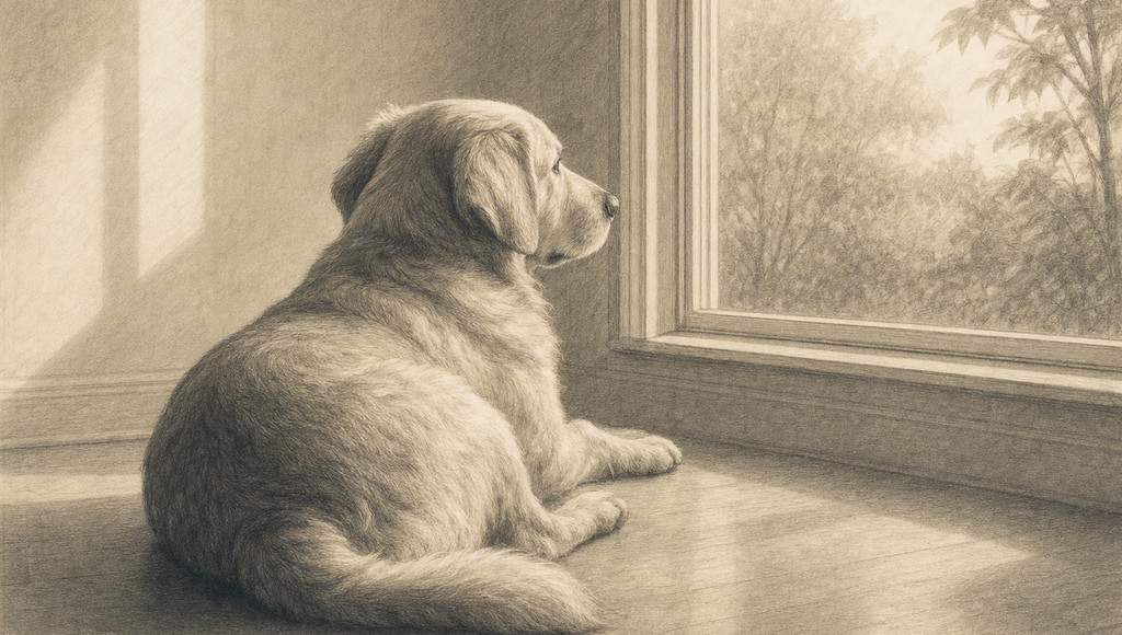 鉛筆画調のシニア犬イラスト（亡くなった犬がそばにいる気がする・会いたい｜気配と継続の感覚のアイキャッチ）