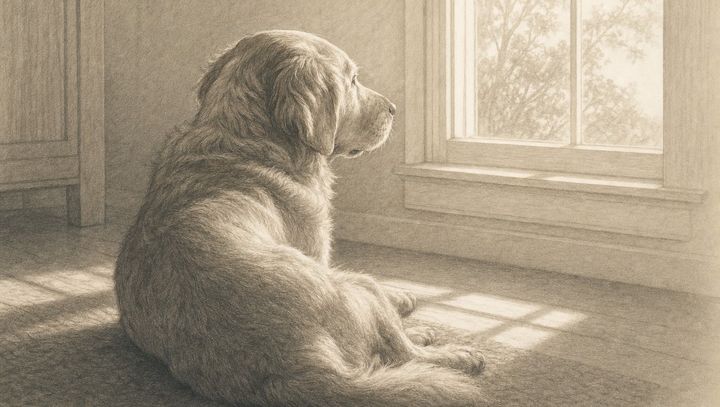 鉛筆画調のシニア犬イラスト（犬が亡くなったあと｜時系列でできること・読みたい記事への地図のアイキャッチ）
