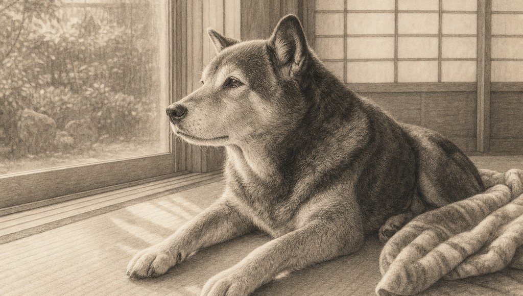 鉛筆画調のシニア犬イラスト（ズーちゃんが17歳になりましたのアイキャッチ）