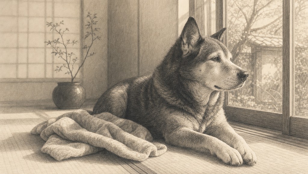 鉛筆画調のシニア犬イラスト（明智のことのアイキャッチ）