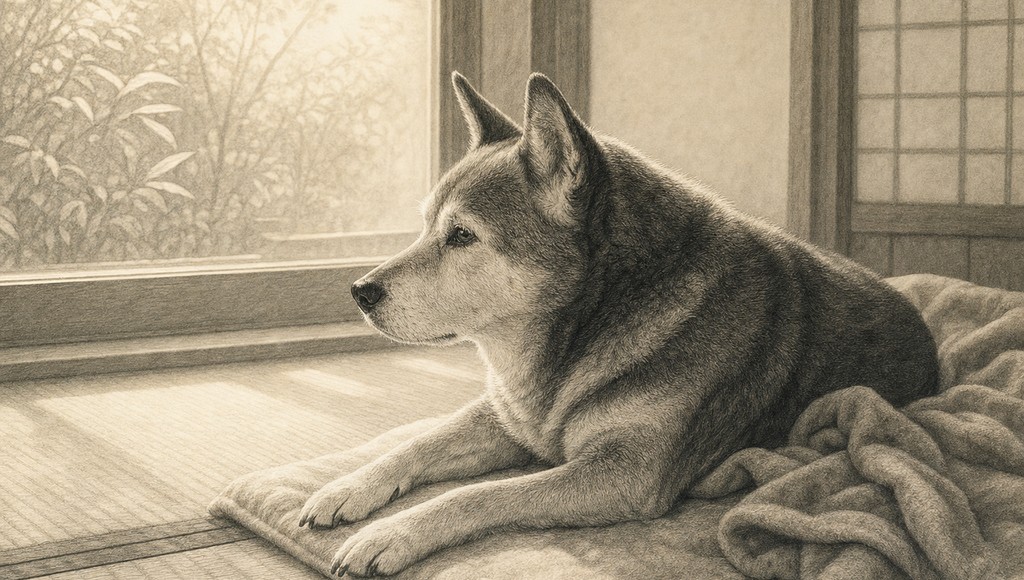 鉛筆画調のシニア犬イラスト（朝、社長はいつもこっちを見ていた。のアイキャッチ）