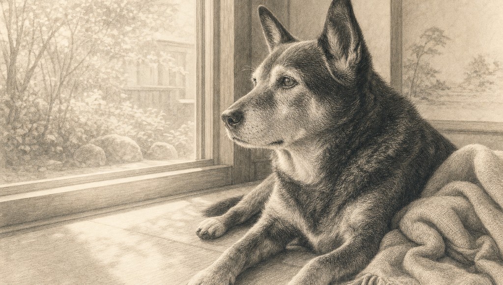 鉛筆画調のシニア犬イラスト（麦が16年かけて教えてくれたことのアイキャッチ）