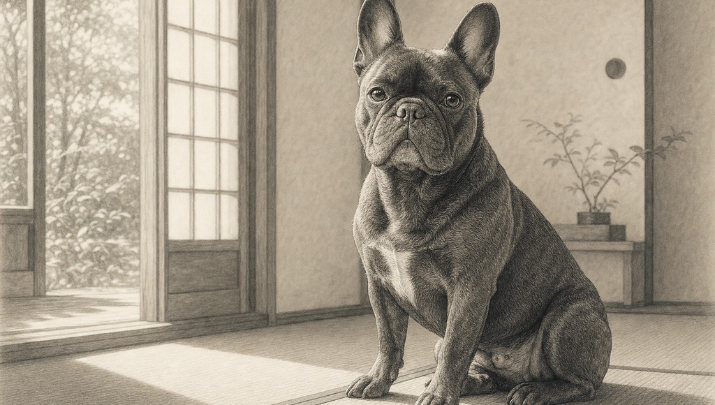 鉛筆画調のシニア犬イラスト（フレンチブルドッグの平均寿命は？短頭種のシニア期と、呼吸と涼しさを守るためにできのアイキャッチ）