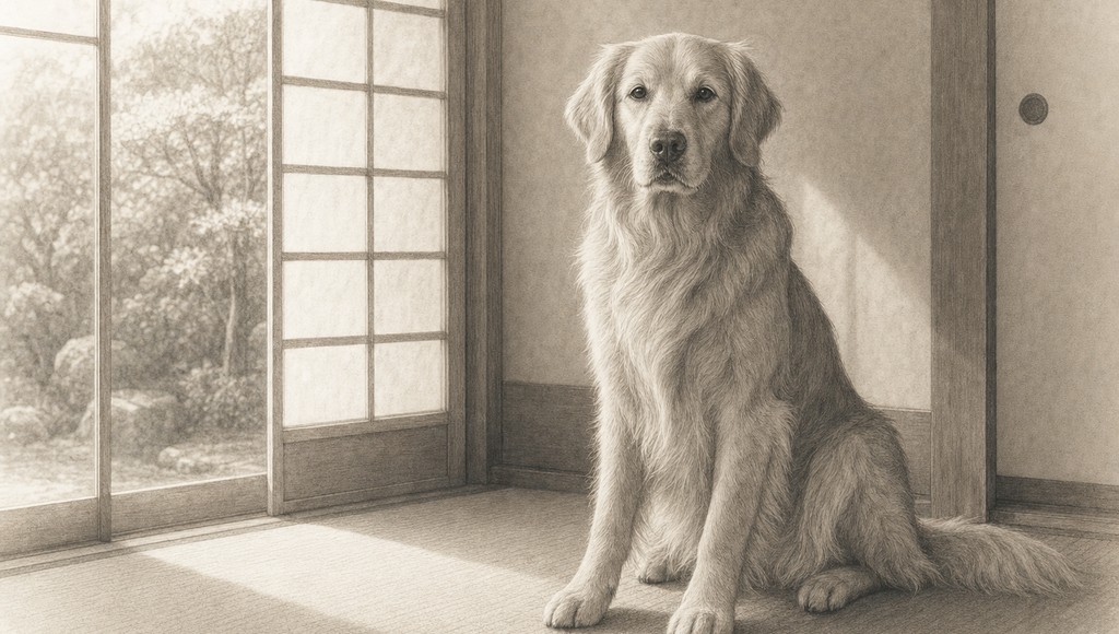 鉛筆画調のシニア犬イラスト（ゴールデンレトリバーの平均寿命は？大型犬のシニア期と、毎日の蓄積でできることのアイキャッチ）