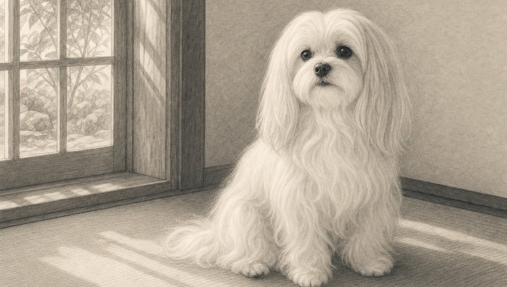 鉛筆画調のシニア犬イラスト（マルチーズの平均寿命は？僧帽弁閉鎖不全症と涙やけ、純白を守るためのケアのアイキャッチ）