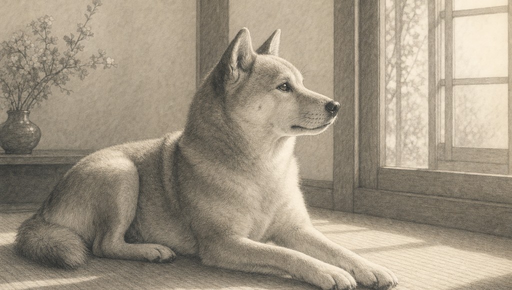 鉛筆画調のシニア犬イラスト（「もう飼わない」と泣いていたのに、今この子がいる理由のアイキャッチ）