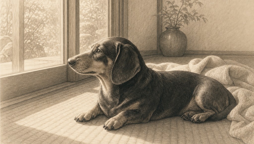 鉛筆画調のシニア犬イラスト（14歳ダックスフンドの認知症介護、夜鳴きとの1年半のアイキャッチ）