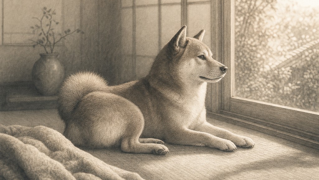 鉛筆画調のシニア犬イラスト（11歳柴犬の脊髄疾患介護、手作り車椅子で散歩した日々のアイキャッチ）