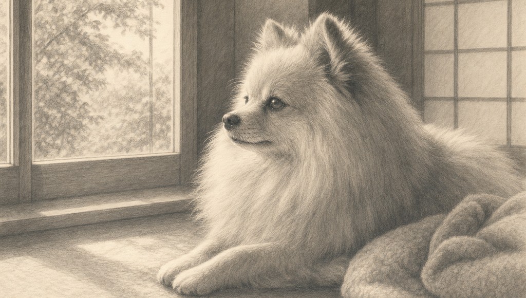 鉛筆画調のシニア犬イラスト（13歳のポメラニアンと、シニア期を笑って過ごした日々のアイキャッチ）