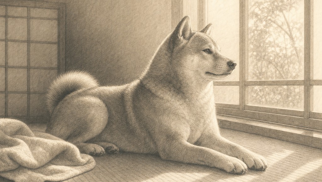 鉛筆画調のシニア犬イラスト（柴犬17年。介護の2年間が、いちばん濃い時間だったかもしれないのアイキャッチ）