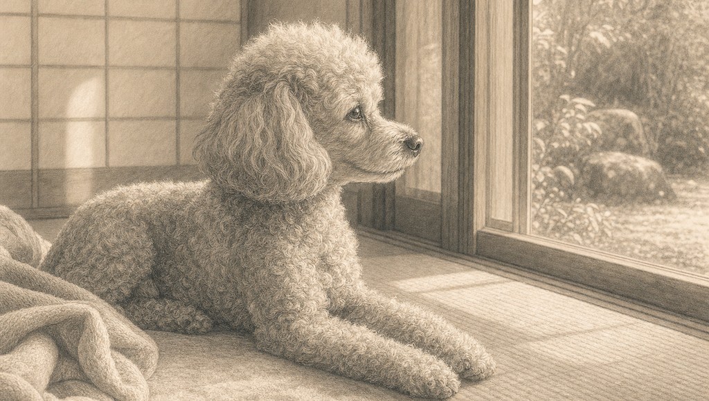 鉛筆画調のシニア犬イラスト（トイプードルのモカが旅立って半年。思い出を「宝物」と呼べるようになったのアイキャッチ）