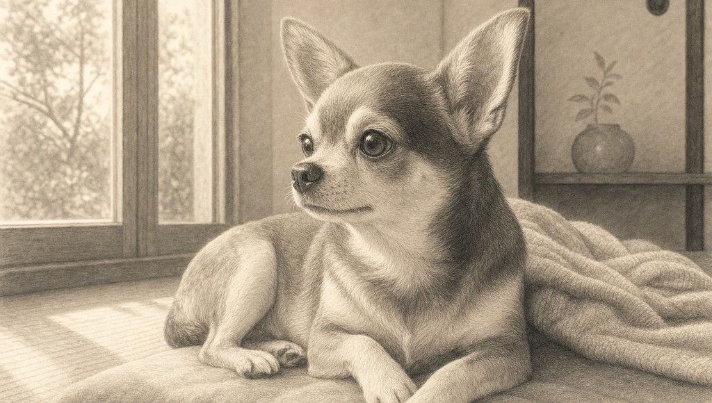 鉛筆画調のシニア犬イラスト（チョコがいなくなってから、椅子をどかせていないのアイキャッチ）