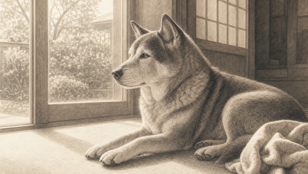 鉛筆画調のシニア犬イラスト（愛犬の食事の変化が教えてくれたこと。シニア期の準備の大切さのアイキャッチ）