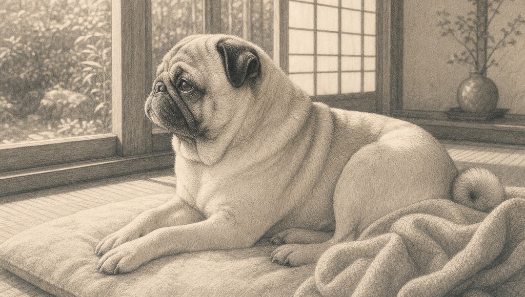 鉛筆画調のシニア犬イラスト（パグの顔のシワのお手入れ方法|臭いと皮膚トラブル対策のアイキャッチ）