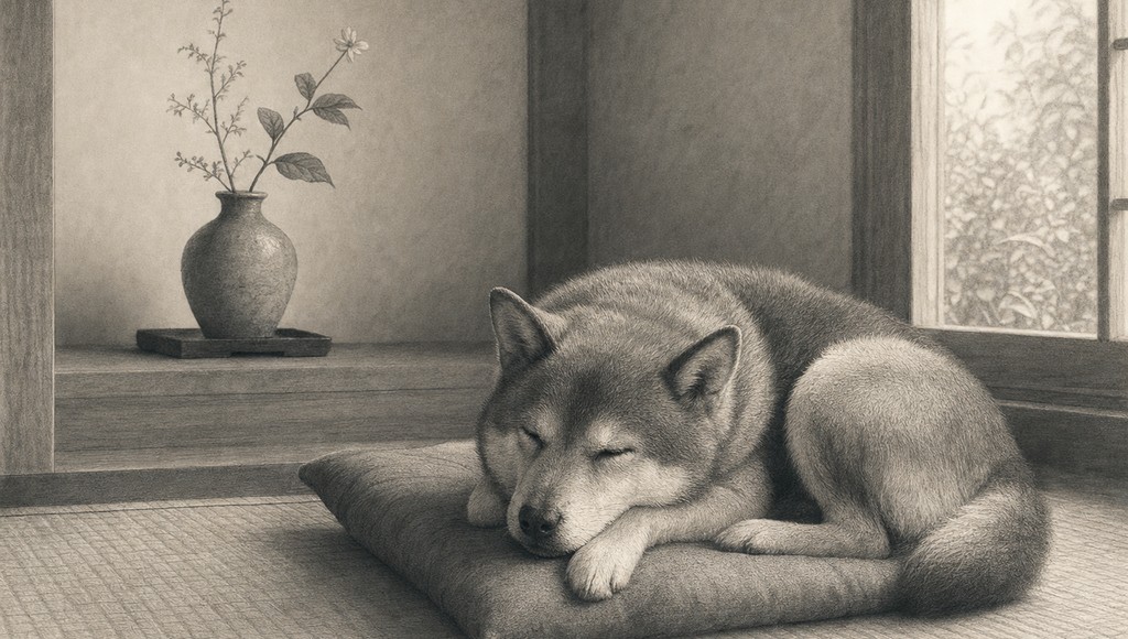 鉛筆画調のシニア犬イラスト（ペットの仏壇・線香・位牌｜自宅供養の選択肢と日常のアイキャッチ）