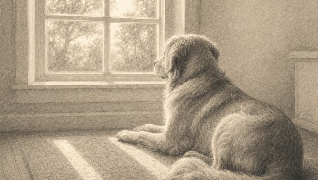 鉛筆画調のシニア犬イラスト（ペットロス症候群｜症状チェックと、つらさを抜けていくためにのアイキャッチ）
