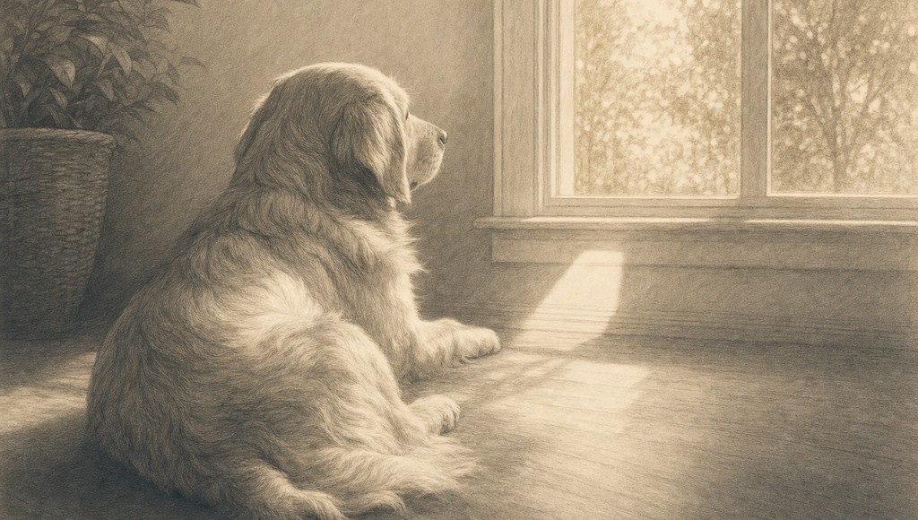 鉛筆画調のシニア犬イラスト（ペットロスを周りに理解されない｜孤独と関係の処方箋のアイキャッチ）