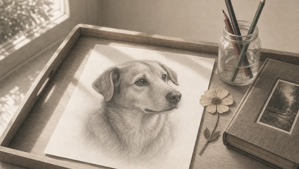 鉛筆画調のシニア犬イラスト（犬の思い出を形に残す｜写真・絵・遺骨・言葉の選び方ガイドのアイキャッチ）