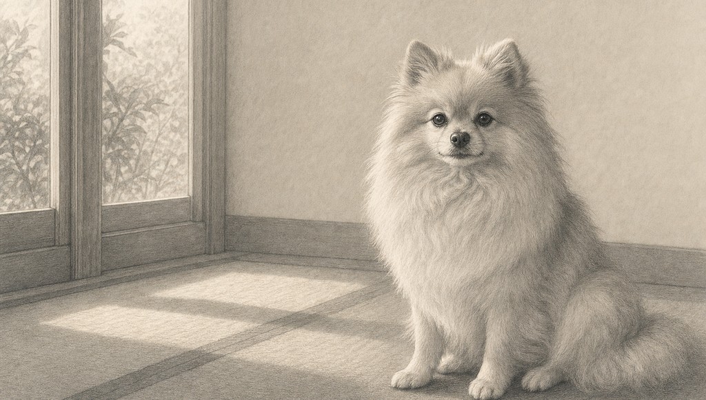 鉛筆画調のシニア犬イラスト（ポメラニアンの平均寿命は？気管虚脱に気をつけて、シニア期を穏やかに過ごすのアイキャッチ）