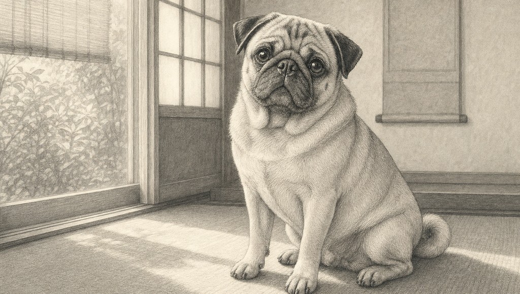 鉛筆画調のシニア犬イラスト（パグの平均寿命は？短頭種のシニア期と、目と呼吸を守る毎日のケアのアイキャッチ）