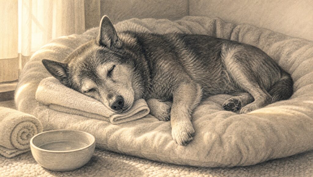 柔らかな午後の光の中、ふっくらしたベッドの上、畳まれたタオルを枕に静かに眠るシニア犬。そばに水のお椀