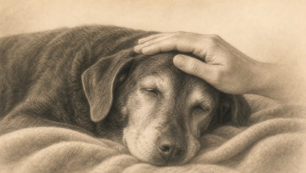 柔らかな光の中で穏やかに眠るシニア犬の頭に、そっと添えられた人間の手