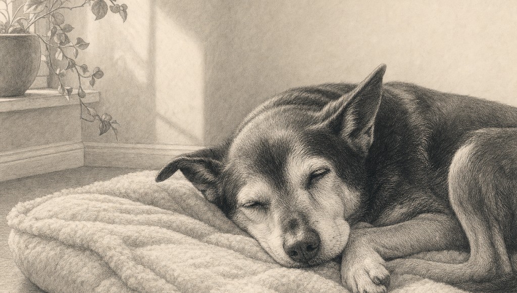 鉛筆画調のシニア犬イラスト（老犬の咳・呼吸が荒い｜原因と、命に関わるサインのアイキャッチ）