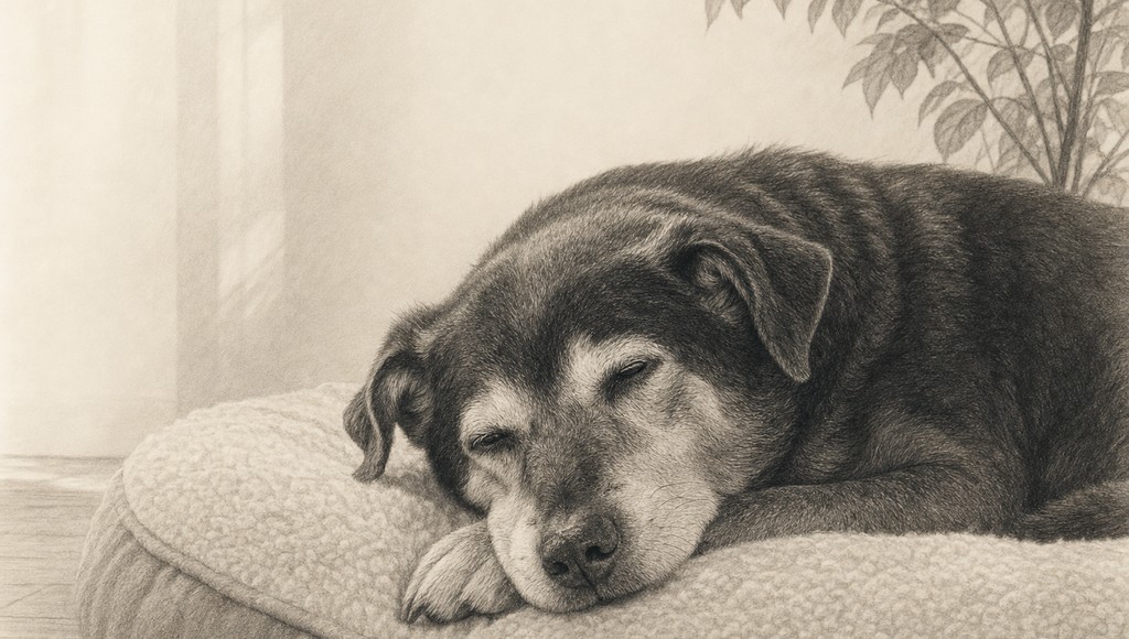 鉛筆画調のシニア犬イラスト（老犬のてんかん・発作｜原因と、命に関わるサインのアイキャッチ）