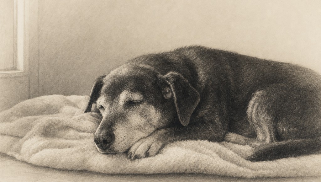 鉛筆画調のシニア犬イラスト（シニア犬の食事量は？体重を入れるだけの計算ツールと早見表のアイキャッチ）