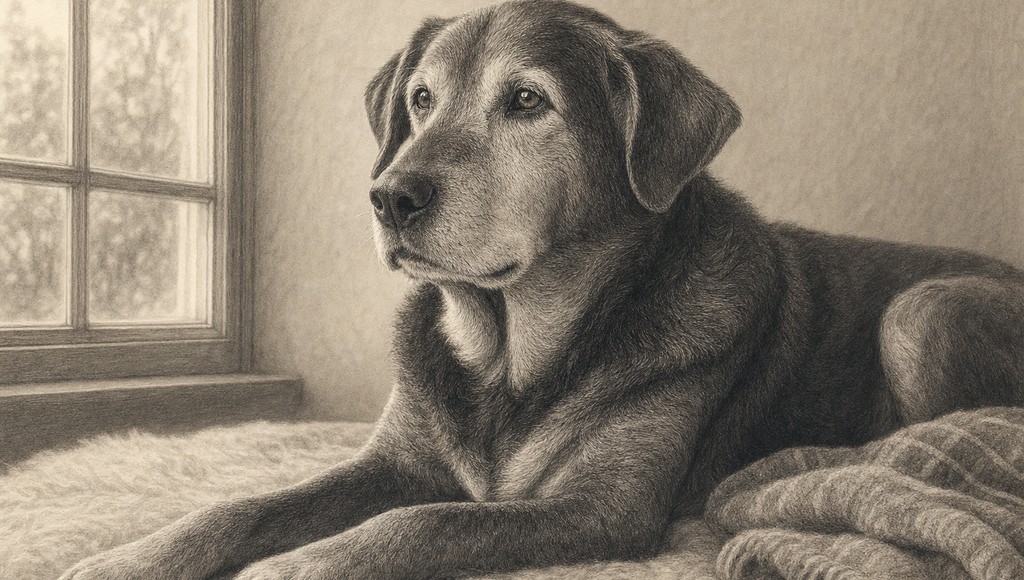 鉛筆画調のシニア犬イラスト（シニア犬は何歳から？｜7歳と11歳、2つの節目でできることのアイキャッチ）