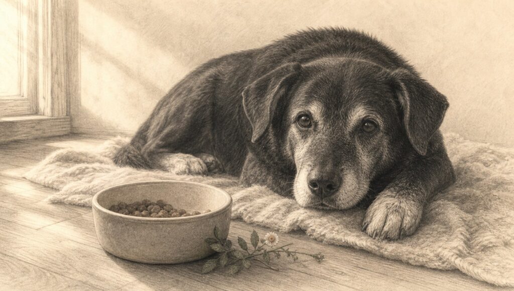 柔らかな午後の光の中、ラグの上で休むシニア犬と、まだ少しフードが残っている食器