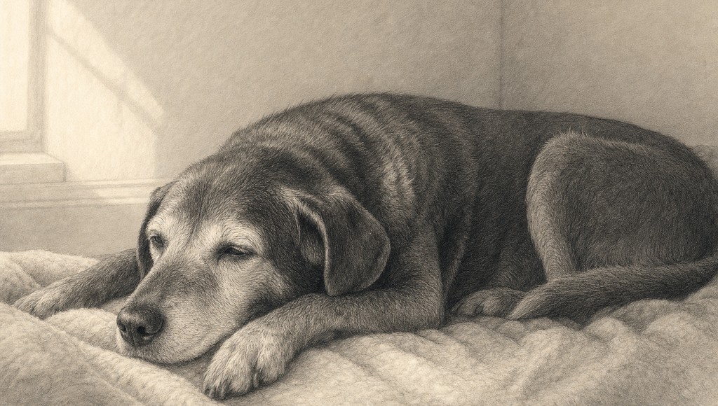 鉛筆画調のシニア犬イラスト（老犬が震える｜原因と、受診を急ぐべきサインのアイキャッチ）