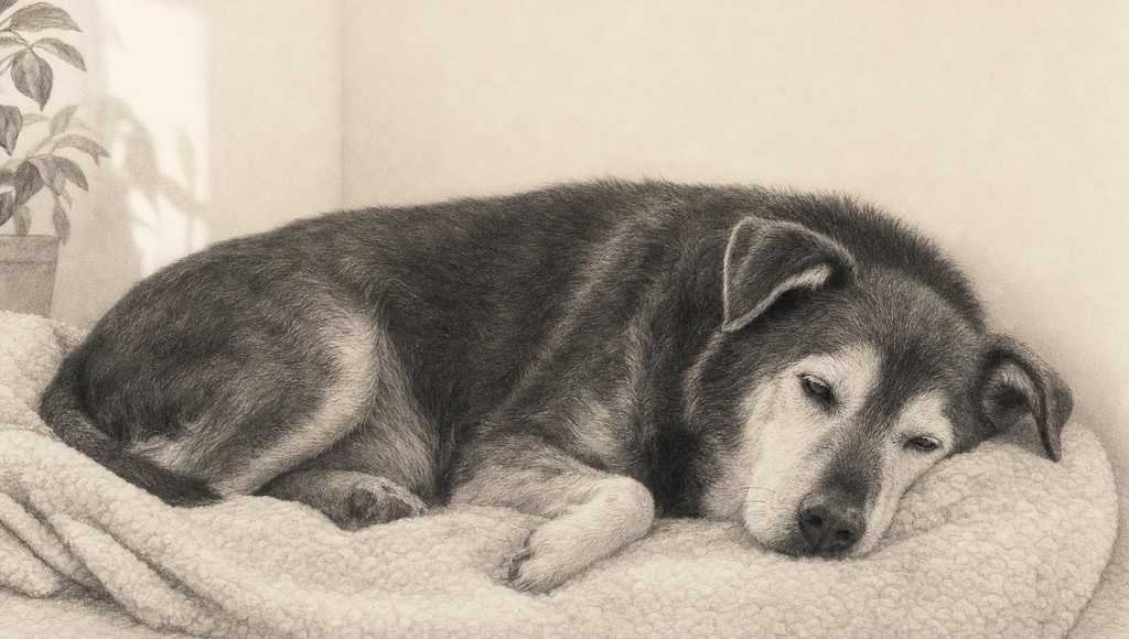 鉛筆画調のシニア犬イラスト（老犬の目が見えない・耳が聞こえない｜サインと、支える工夫のアイキャッチ）