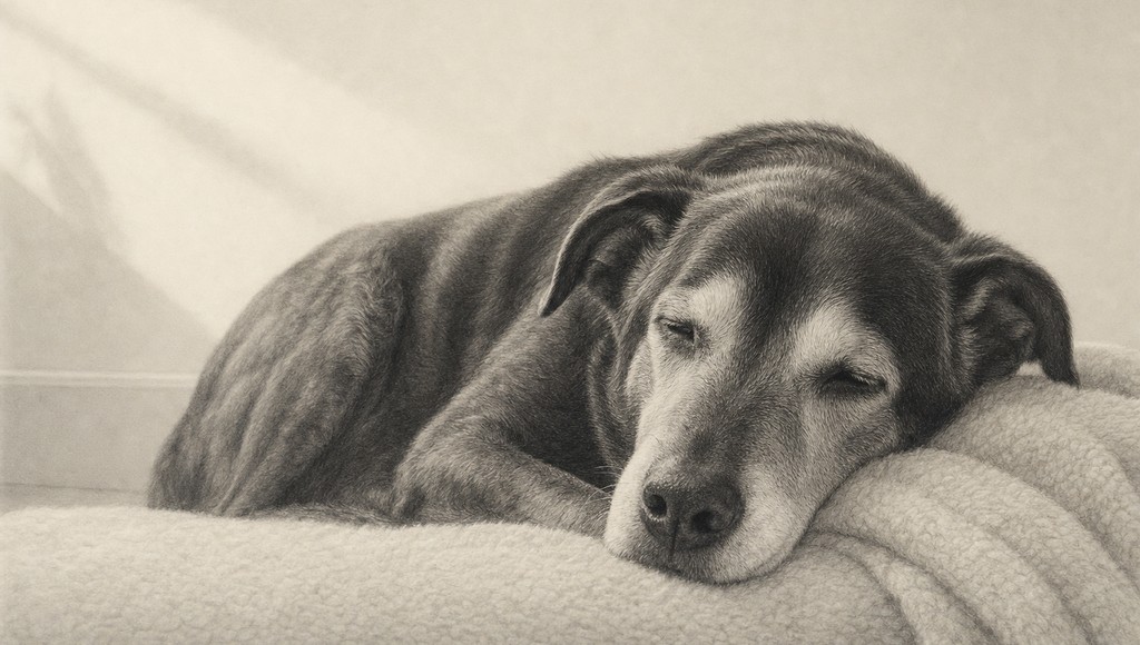 鉛筆画調のシニア犬イラスト（老犬が散歩を嫌がる・歩かない｜原因の見分け方と、その日のペースでできることのアイキャッチ）