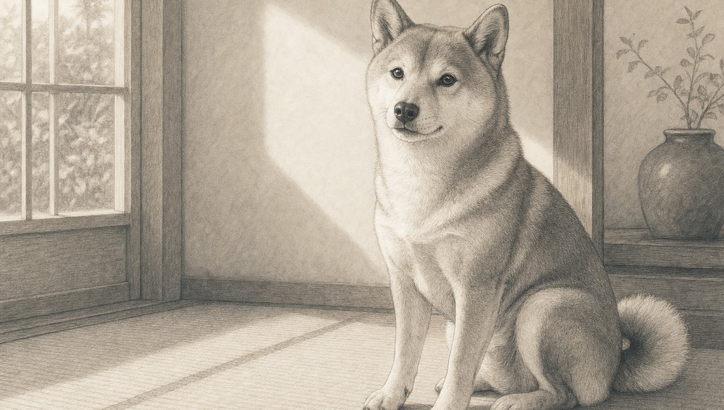 鉛筆画調のシニア犬イラスト（柴犬の平均寿命は？シニア期の変化と、認知症を含めて長く一緒にいるためにできることのアイキャッチ）