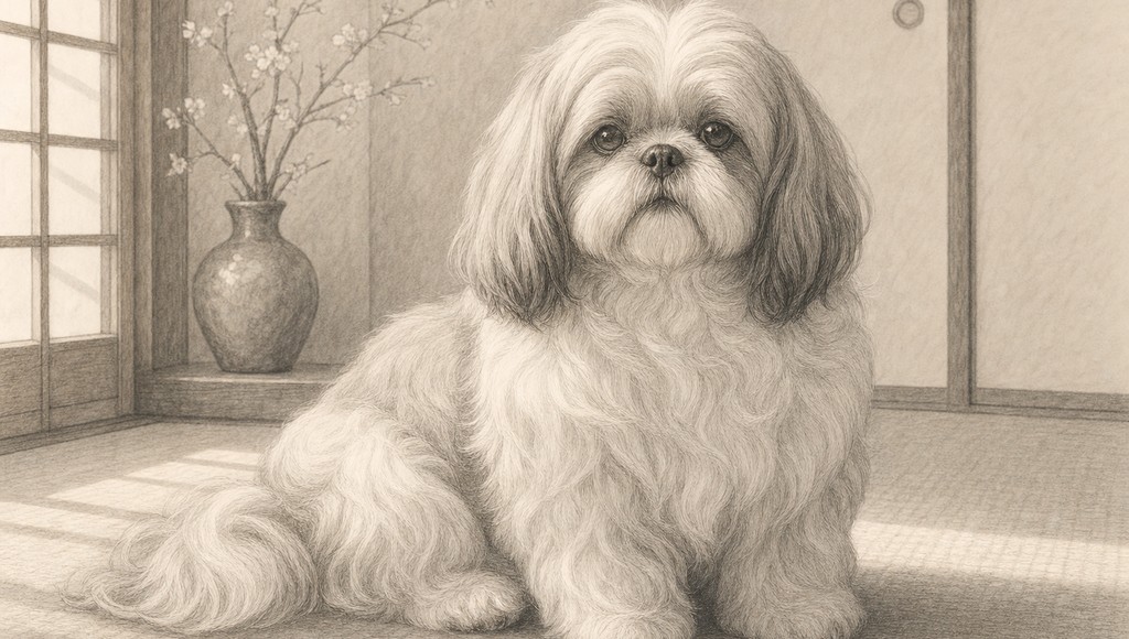 鉛筆画調のシニア犬イラスト（シーズーの平均寿命は？大きな目と呼吸を守りながら、シニア期を穏やかに過ごすのアイキャッチ）