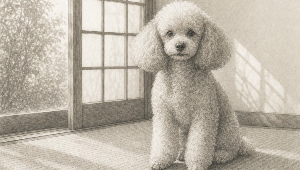 鉛筆画調のシニア犬イラスト（トイプードルの平均寿命は？シニア期の変化と、長く一緒にいるためにできることのアイキャッチ）